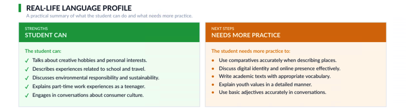 Language Metrica learner progress report sample